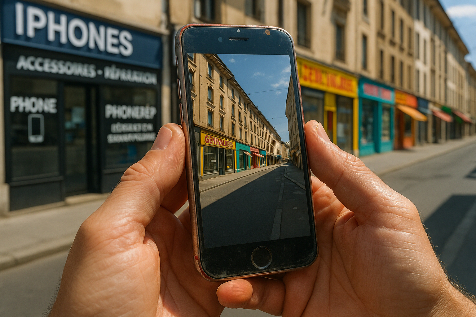 Gros plan sur deux mains tenant un iPhone avec vue de Genève en reflet