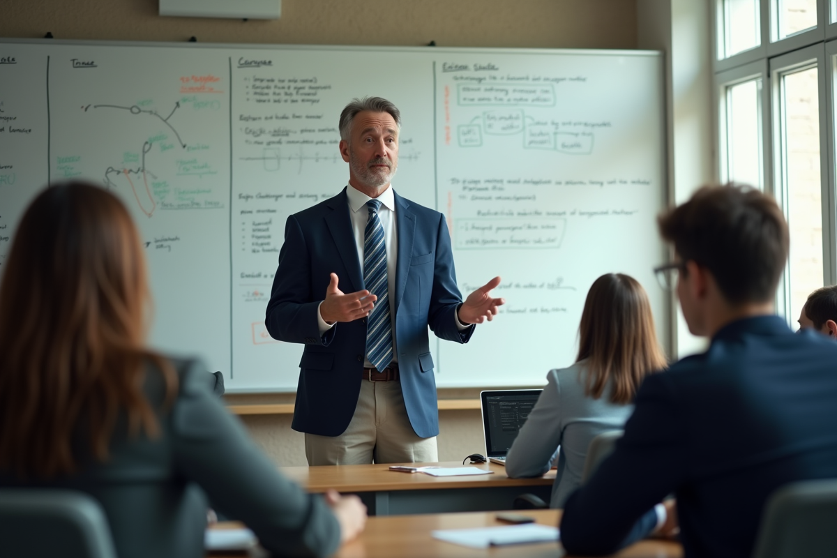Professeur en costume enseignant la fiscalite devant un tableau blanc