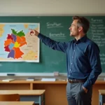 Professeur de lycée expliquant la carte des Länder allemands sur un panneau de liège en classe