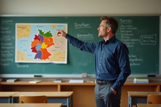 Professeur de lycée expliquant la carte des Länder allemands sur un panneau de liège en classe