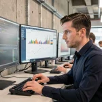 Professionnel IT analysant des résultats de scan réseau sur deux écrans dans un bureau moderne, illustrant l'utilisation d'un logiciel de scan comme Epsylon Scan