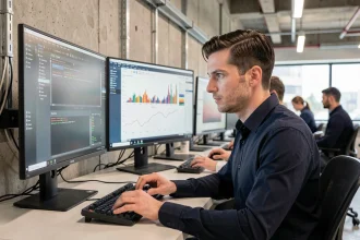 Professionnel IT analysant des résultats de scan réseau sur deux écrans dans un bureau moderne, illustrant l'utilisation d'un logiciel de scan comme Epsylon Scan