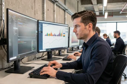 Professionnel IT analysant des résultats de scan réseau sur deux écrans dans un bureau moderne, illustrant l'utilisation d'un logiciel de scan comme Epsylon Scan