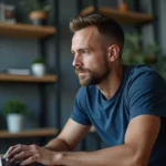 Homme adulte concentré devant un ordinateur portable affichant une interface de streaming vidéo dans un bureau moderne
