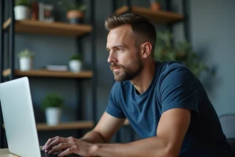 Homme adulte concentré devant un ordinateur portable affichant une interface de streaming vidéo dans un bureau moderne