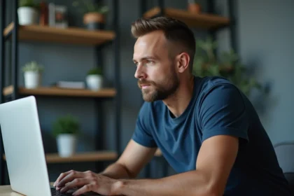 Homme adulte concentré devant un ordinateur portable affichant une interface de streaming vidéo dans un bureau moderne