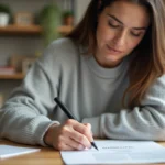 Femme écrivant une adresse postale à la main sur une enveloppe blanche posée sur un bureau en bois