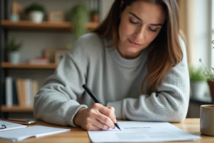 Femme écrivant une adresse postale à la main sur une enveloppe blanche posée sur un bureau en bois