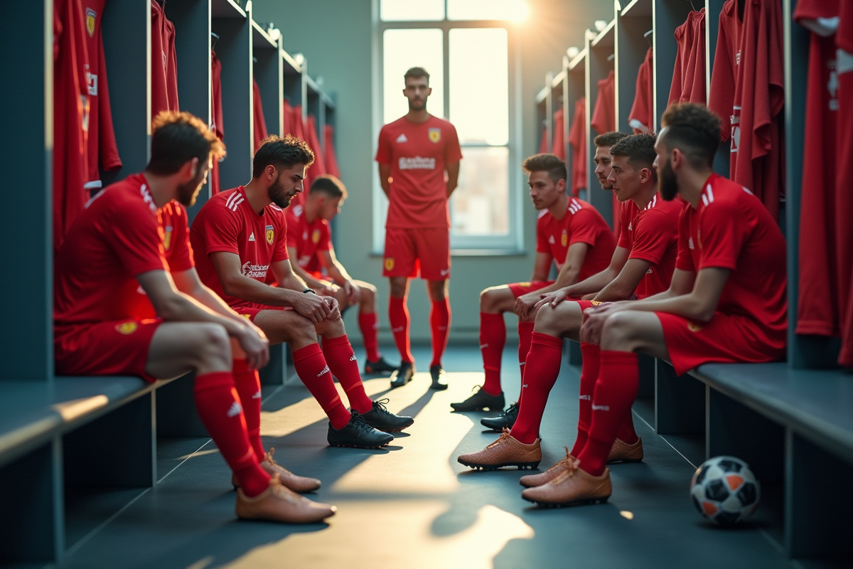 Joueurs de réserve LOSC dans le vestiaire se préparant pour un match