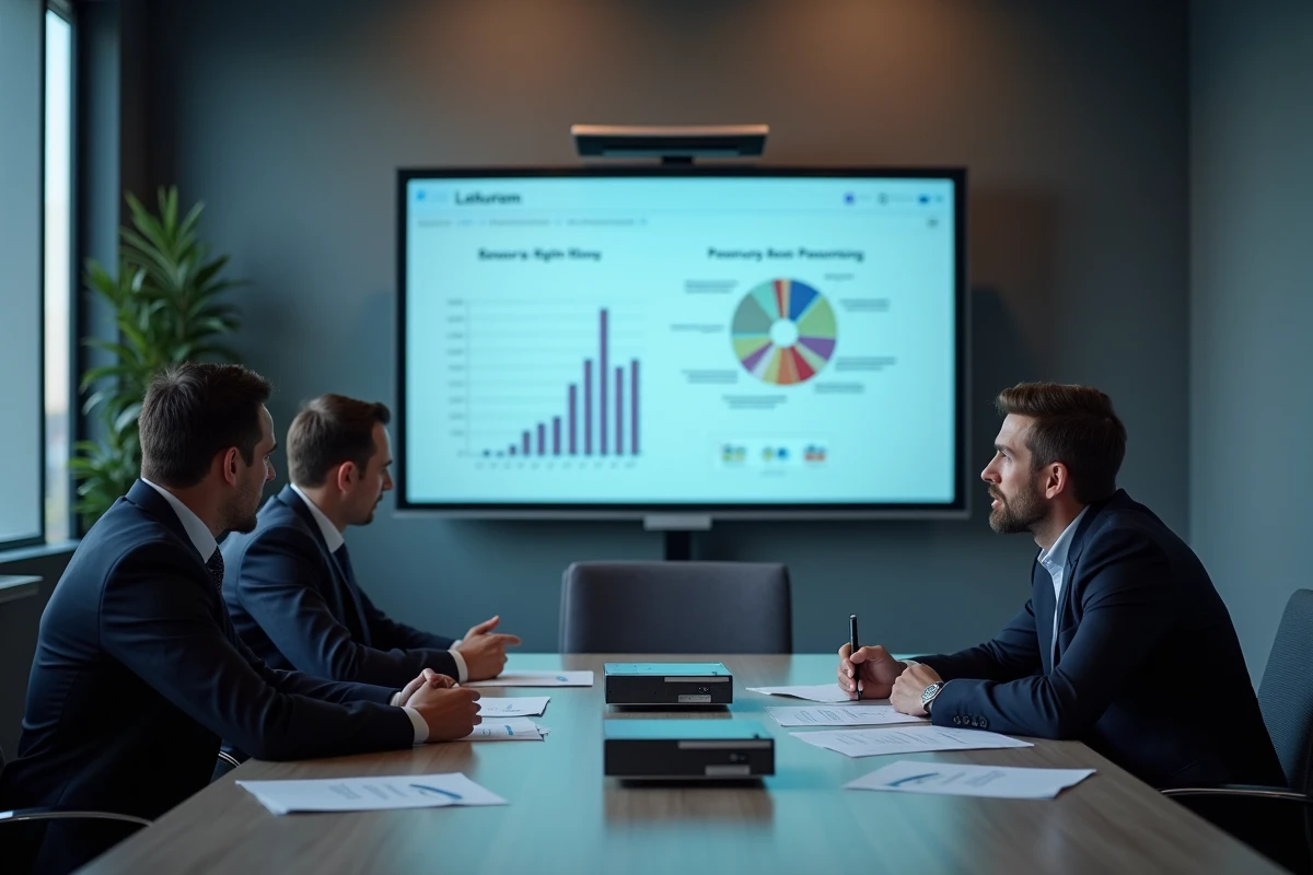 Groupe de professionnels discutant autour d une projection interactive