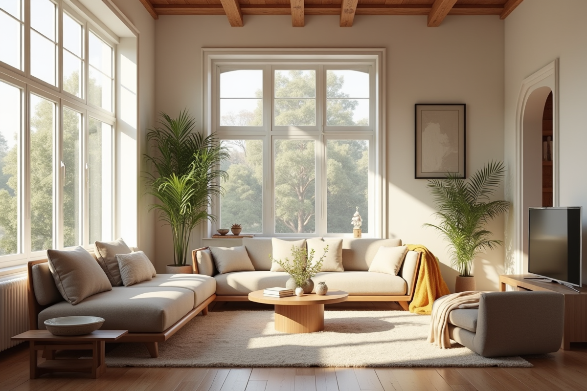 Salon cosy avec grande fenetre et decor minimaliste lumineux