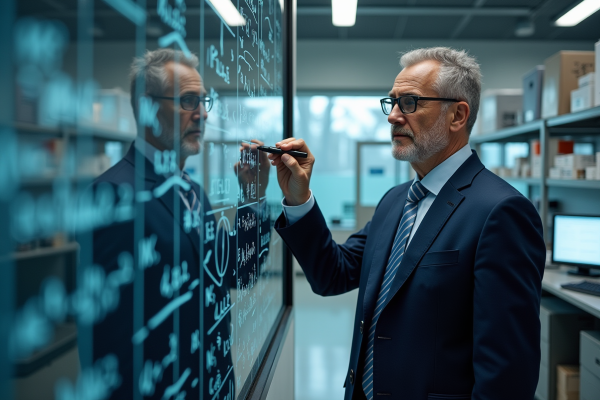 Scientifique en costume navy écrivant des prédictions dans un laboratoire