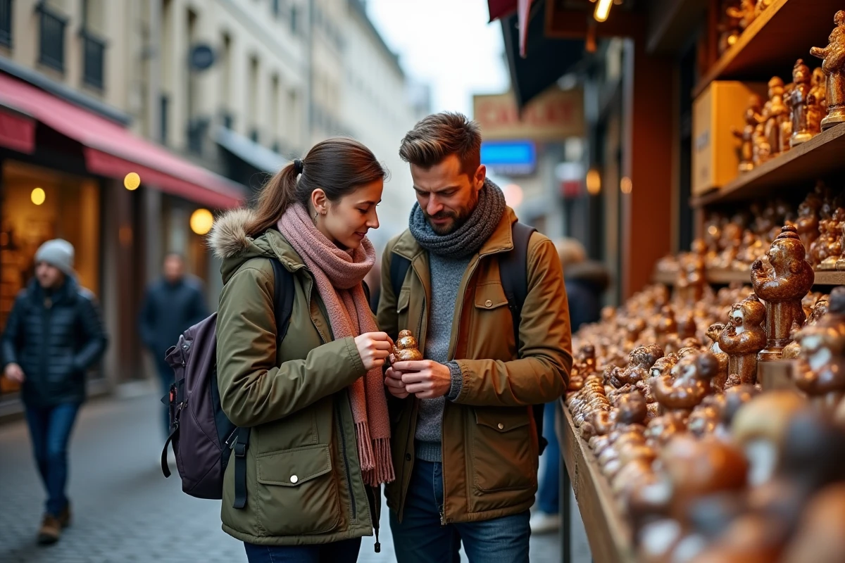 Couple de touristes examinant des souvenirs du Manneken Pis dans une boutique de rue à Bruxelles, illustrant les pièges commerciaux à éviter