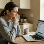 Femme frustrée consultant le suivi de colis DPD perdu sur son ordinateur portable à la maison