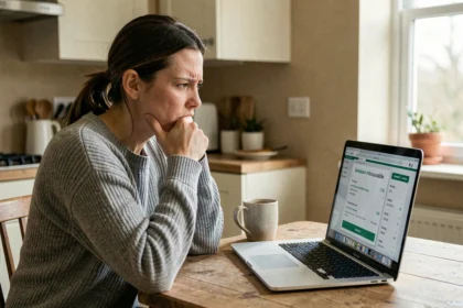 Femme frustrée consultant le suivi de colis DPD perdu sur son ordinateur portable à la maison