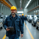 Superviseur d'usine automobile inspectant des voitures neuves