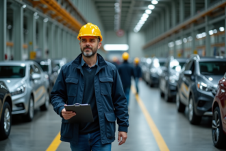 Superviseur d'usine automobile inspectant des voitures neuves
