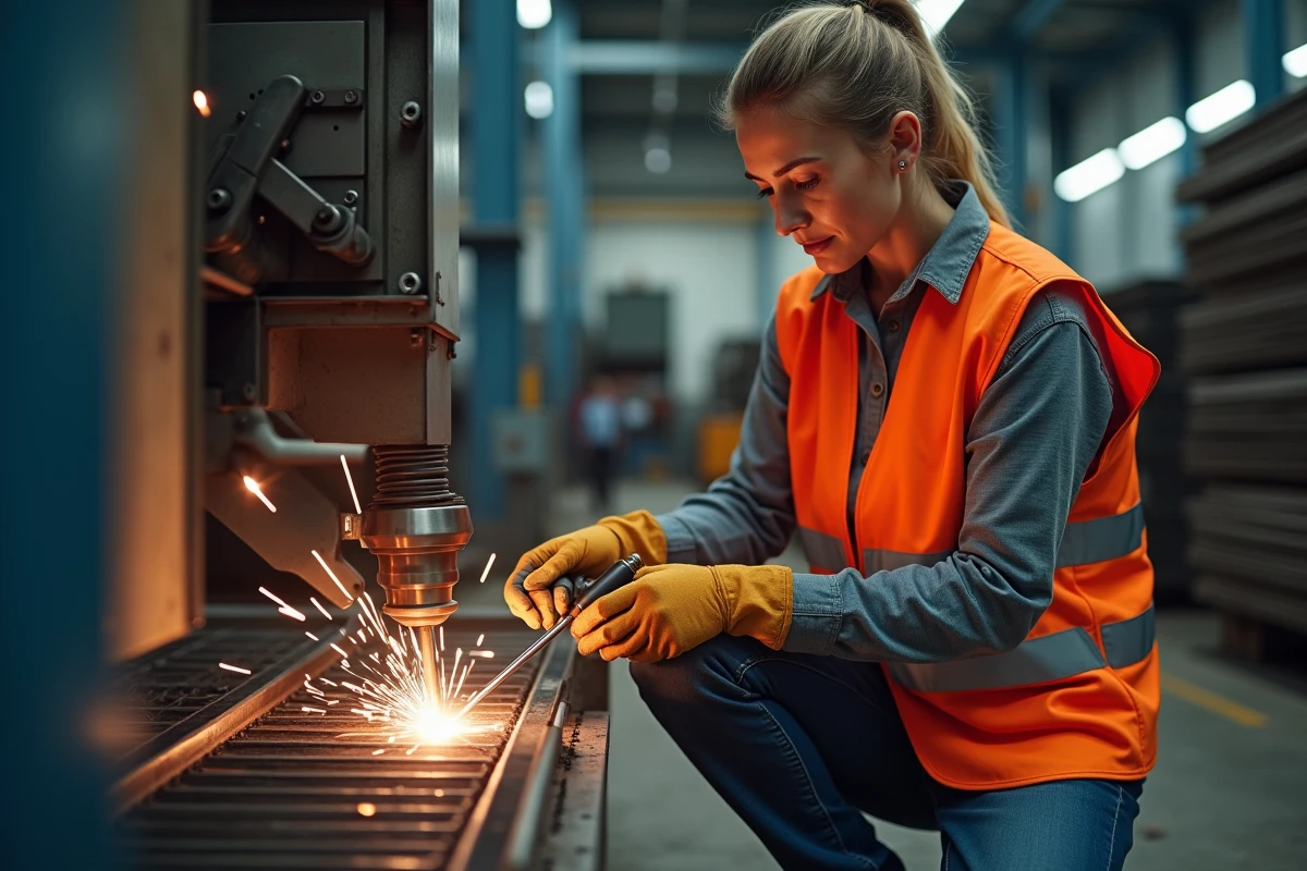 Superviseure d'atelier comparant des électrodes de découpe plasma devant une table de découpe CNC
