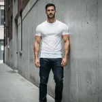 Homme grand et athlétique en jean sombre et t-shirt blanc debout dans une ruelle urbaine, illustrant la stature et la morphologie d'un artiste de grande taille