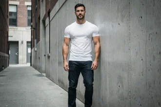 Homme grand et athlétique en jean sombre et t-shirt blanc debout dans une ruelle urbaine, illustrant la stature et la morphologie d'un artiste de grande taille