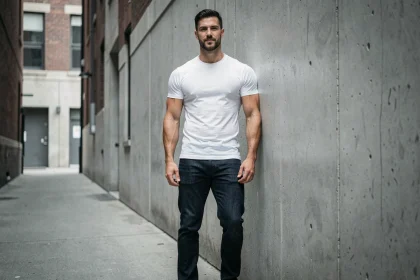 Homme grand et athlétique en jean sombre et t-shirt blanc debout dans une ruelle urbaine, illustrant la stature et la morphologie d'un artiste de grande taille