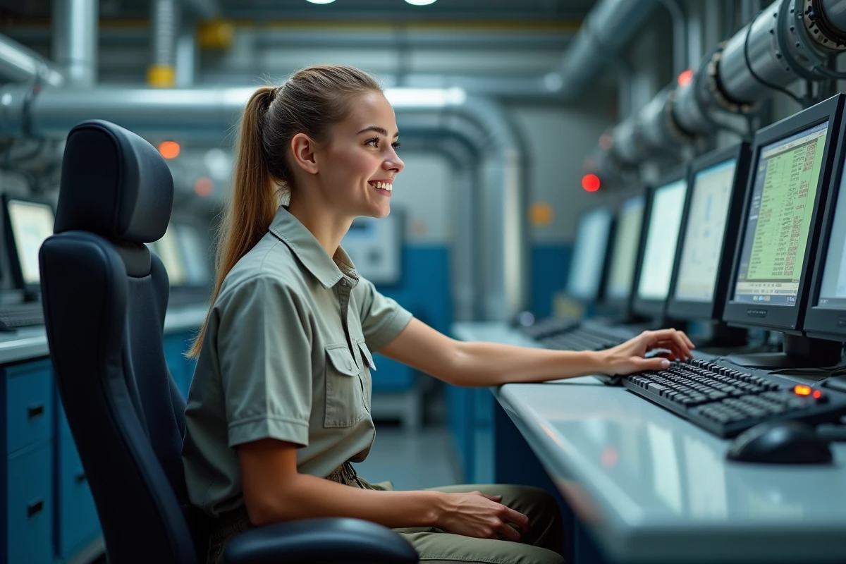 Technicienne femme souriante contrôle panneaux énergie