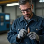 Technicien industriel inspectant une buse de torche plasma dans un atelier de découpe métallique