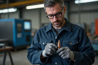 Technicien industriel inspectant une buse de torche plasma dans un atelier de découpe métallique