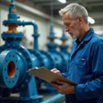 Technicien en bleu examine une pompe industrielle dans une salle propre