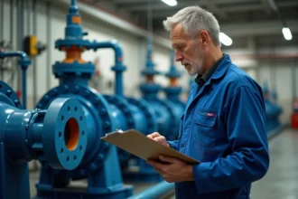 Technicien en bleu examine une pompe industrielle dans une salle propre
