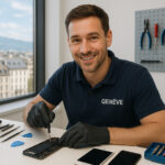 Technicien amical réparant un iPhone dans un atelier moderne à Genève