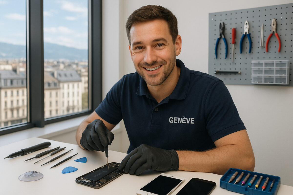 Technicien amical réparant un iPhone dans un atelier moderne à Genève