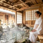 Femme en yukata blanc se préparant à entrer dans un onsen japonais traditionnel aux murs de pierre et bambou