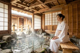 Femme en yukata blanc se préparant à entrer dans un onsen japonais traditionnel aux murs de pierre et bambou