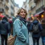 Touriste déçue par la petite taille du Manneken Pis à Bruxelles, entourée d'une foule dense près de la fontaine emblématique