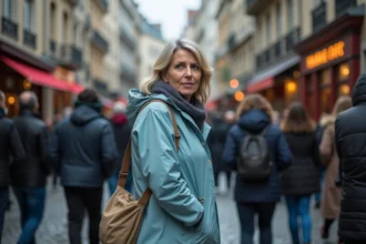 Touriste déçue par la petite taille du Manneken Pis à Bruxelles, entourée d'une foule dense près de la fontaine emblématique