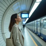 Touriste observant les panneaux d'information sur le quai moderne de la ligne 14 du métro parisien