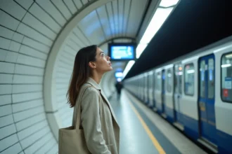 Touriste observant les panneaux d'information sur le quai moderne de la ligne 14 du métro parisien