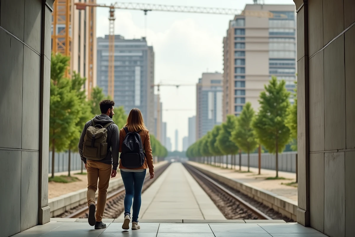 Couple de touristes sortant de la station Saint-Denis Pleyel sur la ligne 14, nouveau quartier en développement