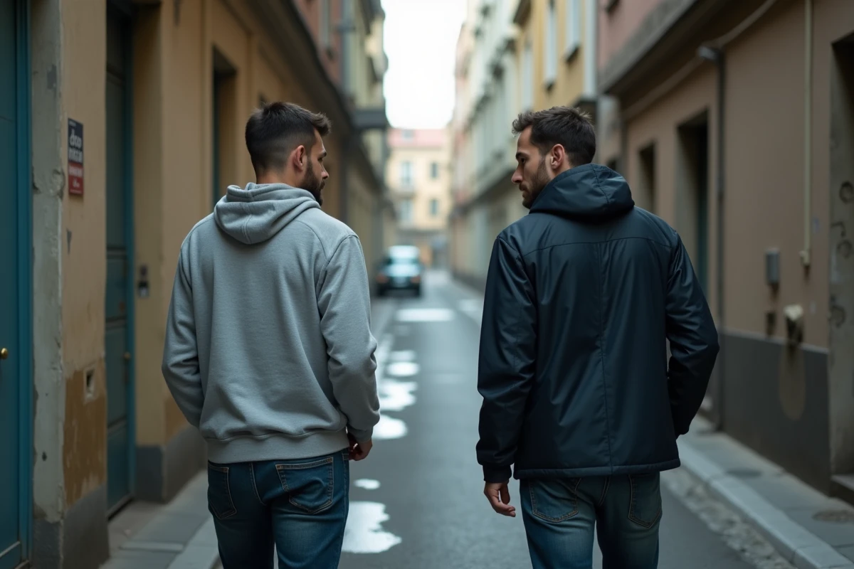 Deux hommes dans une ruelle urbaine illustrant une rupture de confiance et une trahison entre amis