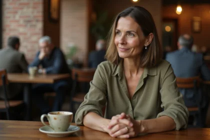 Femme pensive seule dans un café tenant une tasse fêlée, illustrant la trahison et le mensonge dans les relations humaines
