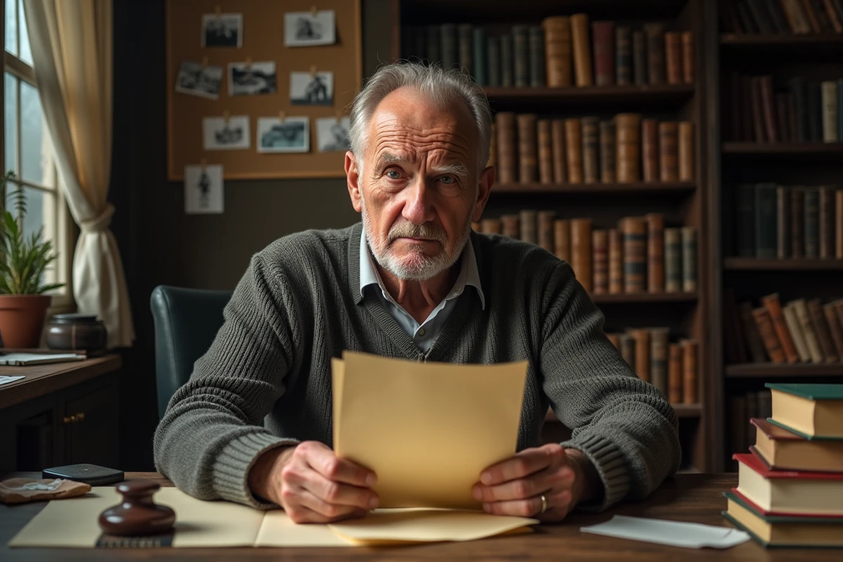 Vieil homme lisant une lettre révélatrice dans une étude, symbolisant la découverte d'un mensonge et les leçons de la trahison