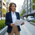Urbaniste femme consulte une carte de zonage urbaine