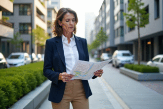 Urbaniste femme consulte une carte de zonage urbaine