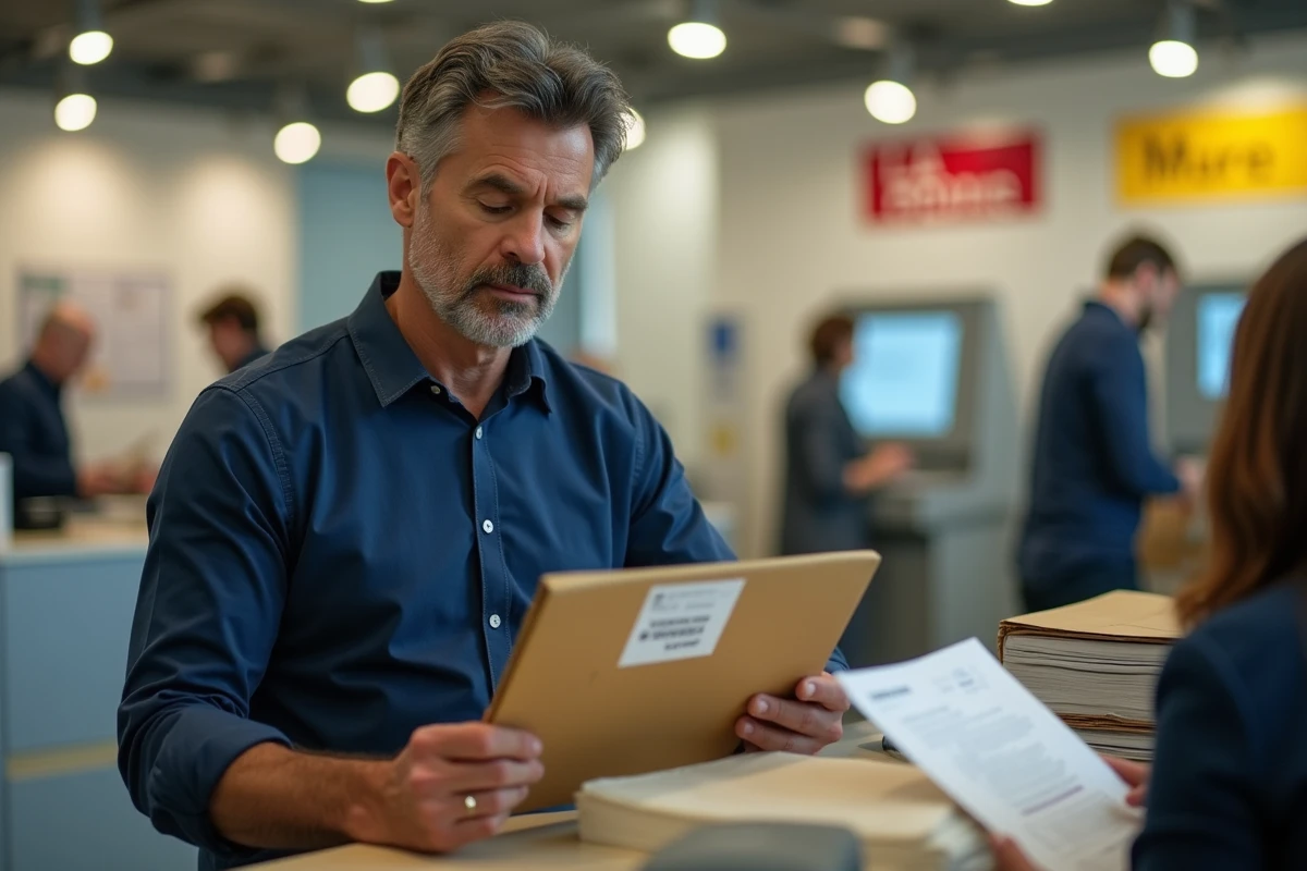 Homme vérifiant le format d'une adresse sur une enveloppe à un guichet de bureau de poste