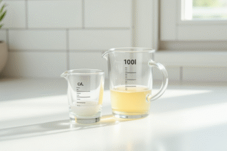 Verres doseurs en verre sur plan blanc lumineux