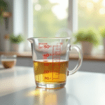 Verre mesure liquide de 30 cl sur plan de travail lumineux