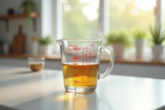 Verre mesure liquide de 30 cl sur plan de travail lumineux