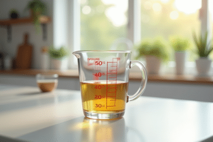 Verre mesure liquide de 30 cl sur plan de travail lumineux