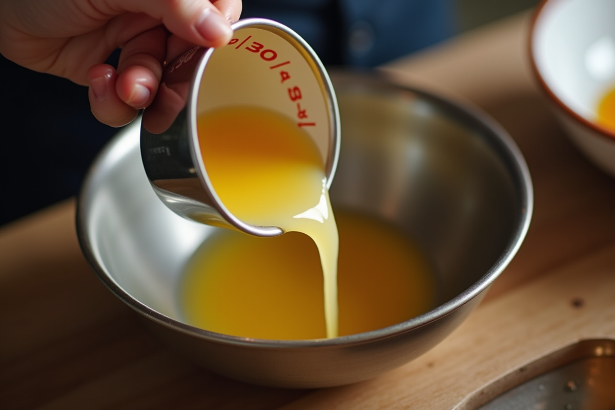 Main de chef versant liquide dans un bol vu du dessus